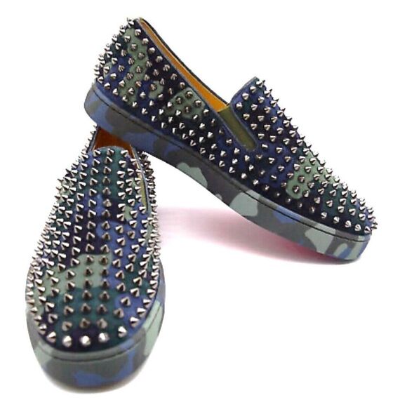 Christian Louboutin Roller Boat Flat camouflage print studded Sneakers Blue 41.5 - Picture 1 of 6